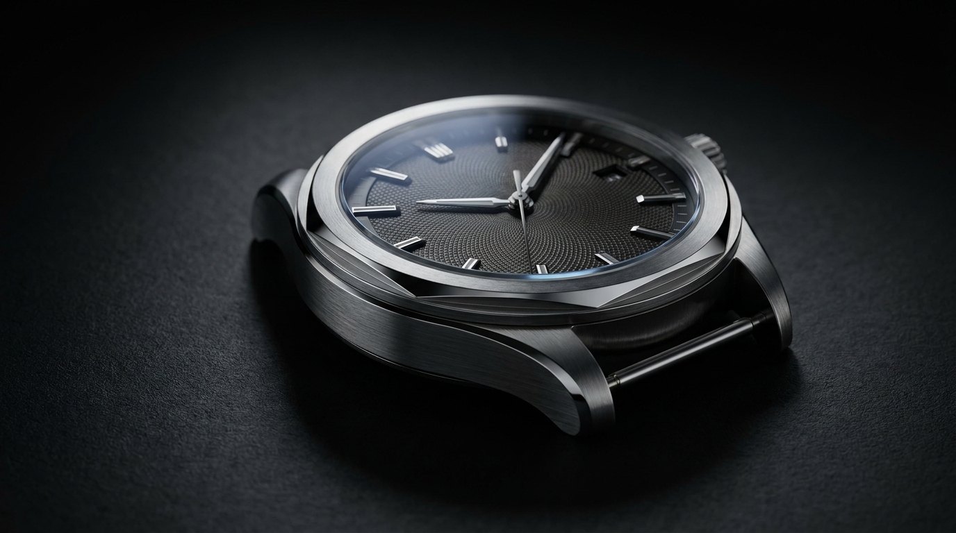 An ultra-macro studio view of a luxury Swiss mechanical wristwatch with a black guilloché dial and brushed steel bezel, resting on matte dark carbon under dramatic directional light.
